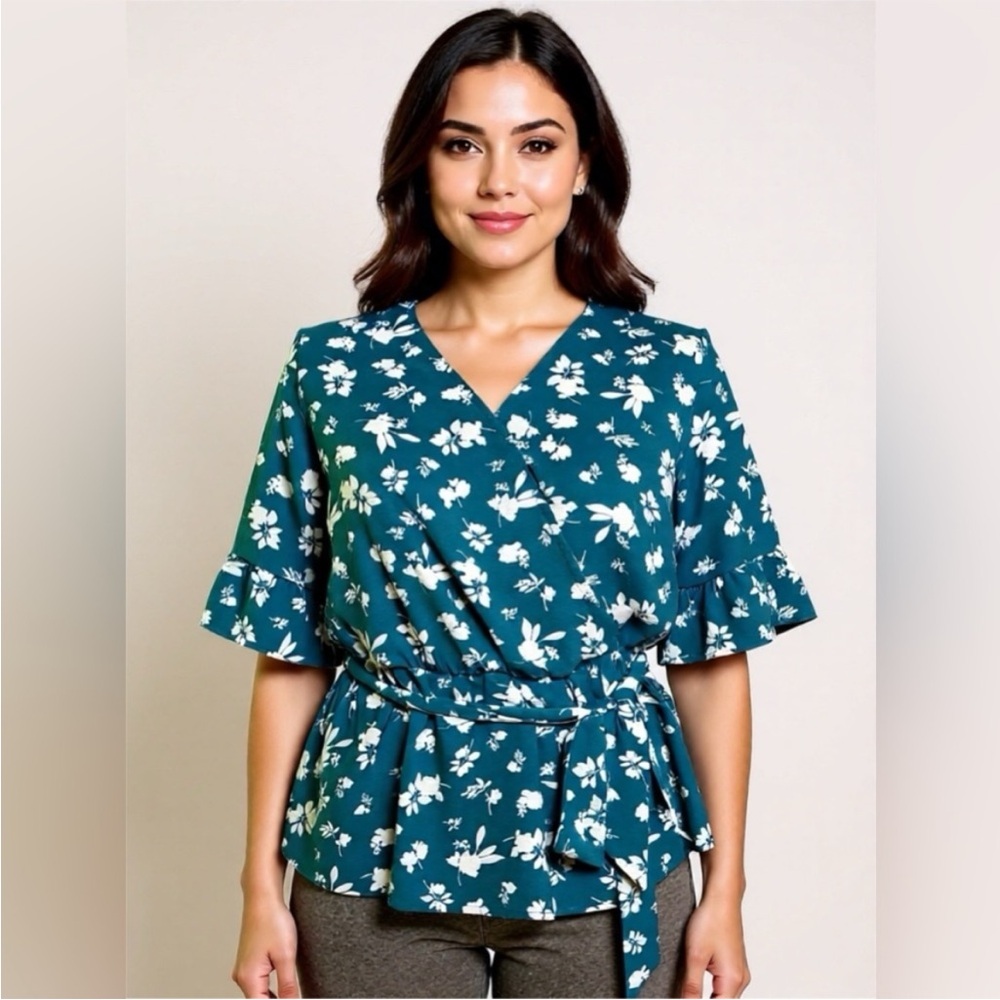 Charming Charlie Teal Floral Wrap Top